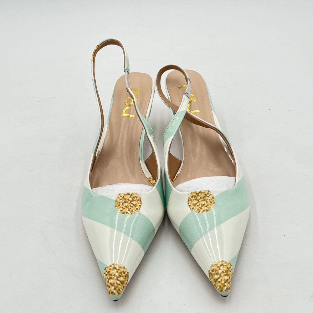 FSJ Mint Green Striped Kitten Heel Slingback Sandal Pointy Toe Sexy Pumps - Picture 3 of 8